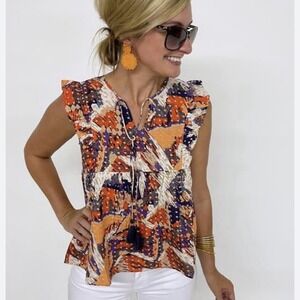 THML Sleeveless Pleated Top Large Pinks Orange Purple Tassel Tie Cotton